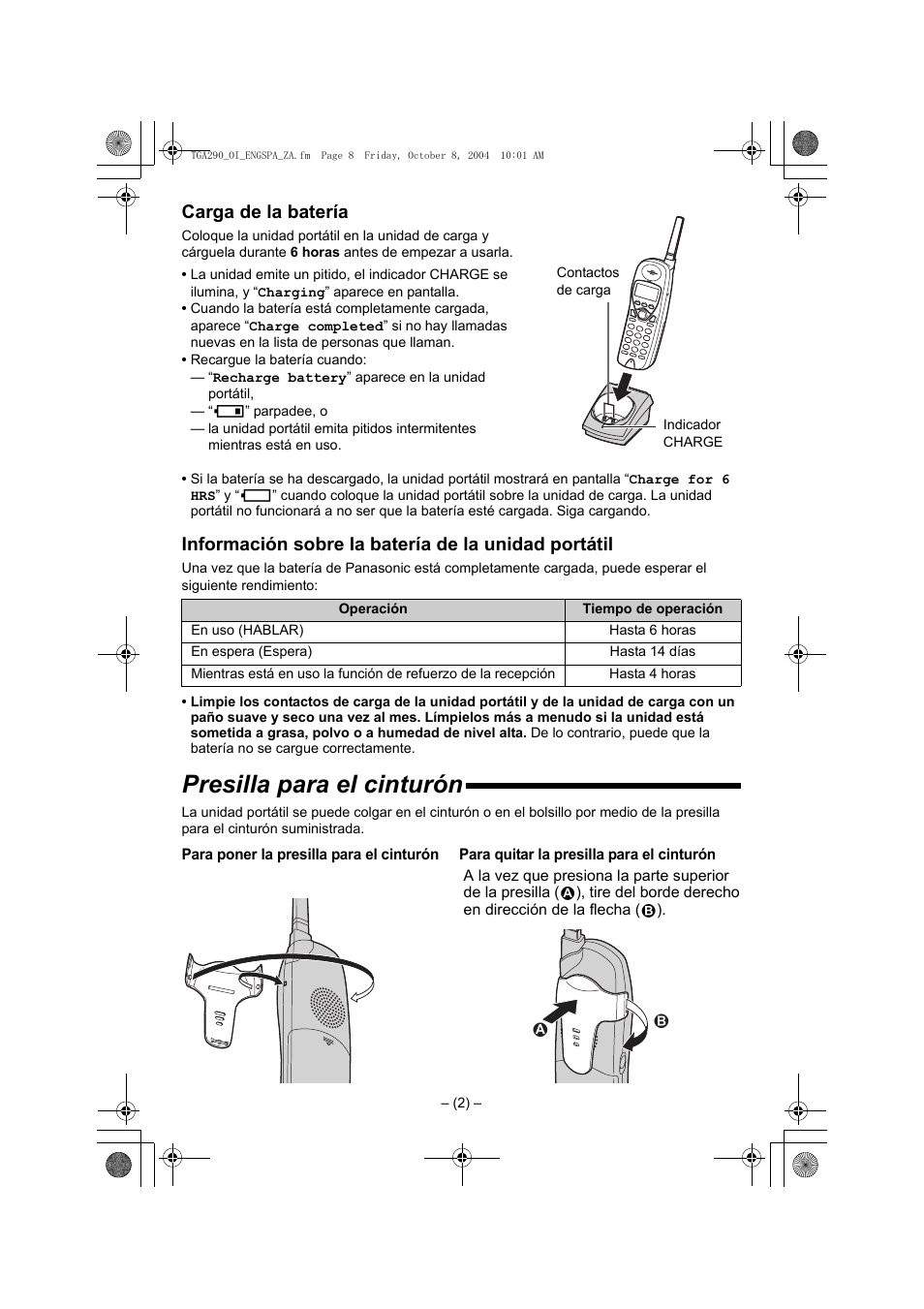 Carga de la batería, Información sobre la batería de la unidad portátil, Hasta 6 horas | Hasta 14 días, Hasta 4 horas, Presilla para el cinturón | Panasonic KX-TGA290B User Manual | Page 8 / 12