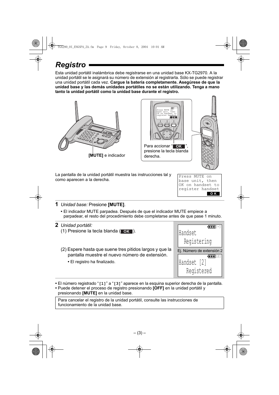 Registro, 1 unidad base: presione [mute, 2 unidad portátil | 1) presione la tecla blanda (), Handset, Registering, Handset [2, Registered, Handset registering, Handset [2] registered | Panasonic KX-TGA290B User Manual | Page 9 / 12