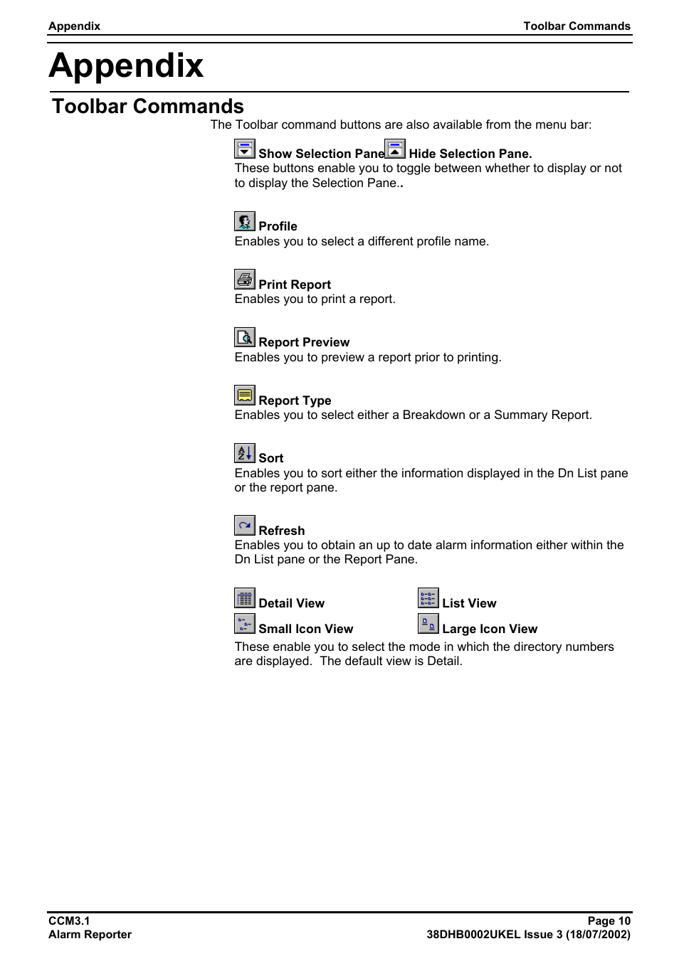 Appendix, Toolbar commands | Avaya CCM3.1 User Manual | Page 10 / 14