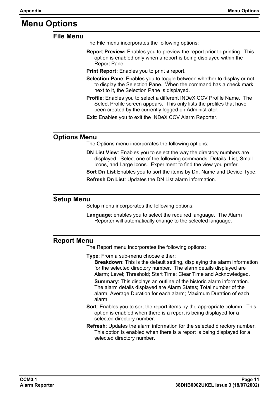 Menu options, File menu, Options menu | Setup menu, Report menu | Avaya CCM3.1 User Manual | Page 11 / 14