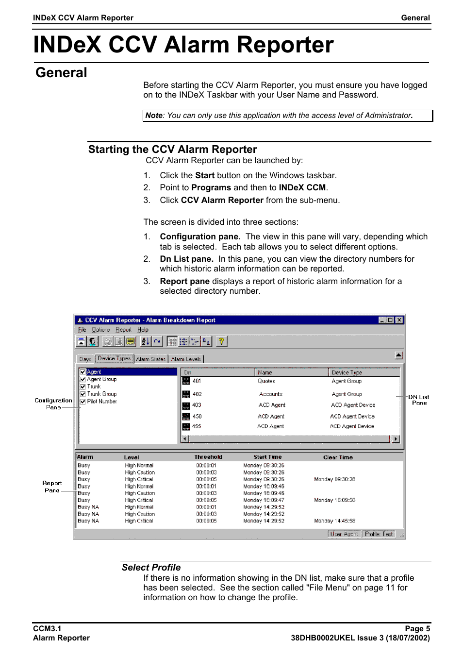 Index ccv alarm reporter, General, Starting the ccv alarm reporter | Select profile | Avaya CCM3.1 User Manual | Page 5 / 14