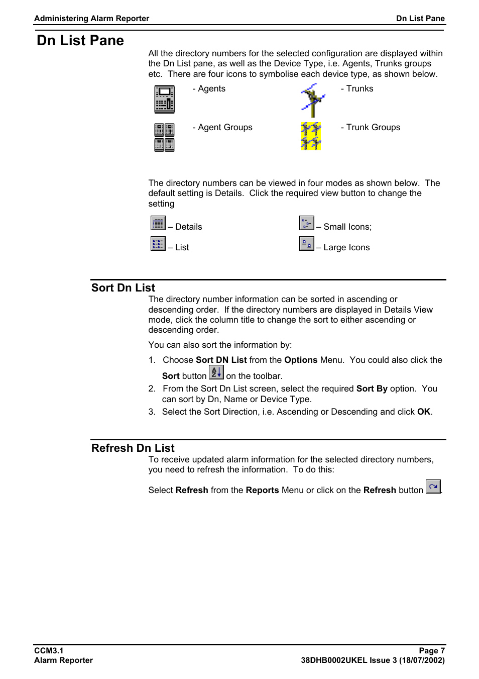 Dn list pane, Sort dn list, Refresh dn list | Avaya CCM3.1 User Manual | Page 7 / 14