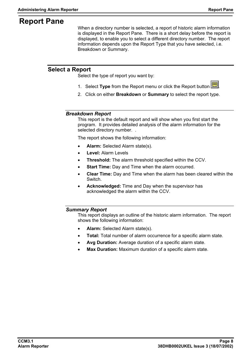 Report pane, Select a report, Breakdown report | Summary report | Avaya CCM3.1 User Manual | Page 8 / 14