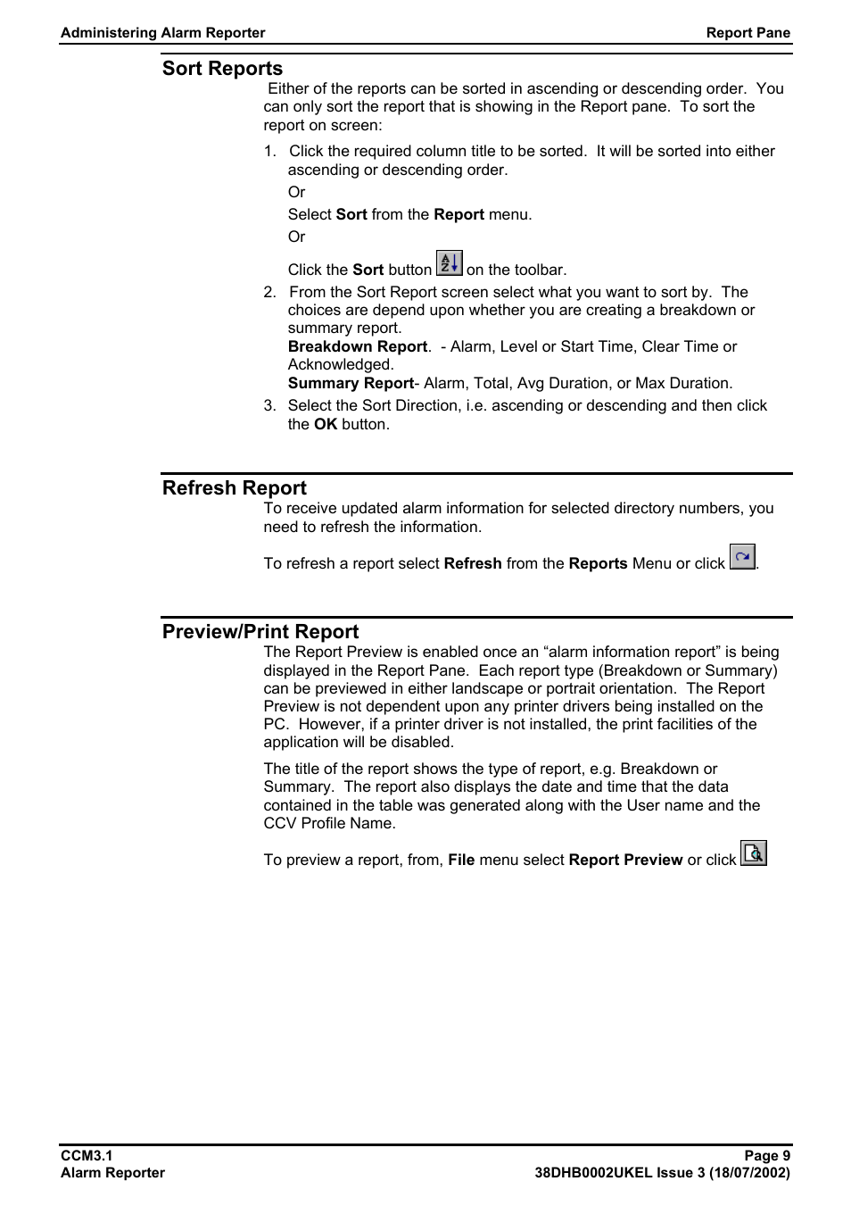 Sort reports, Refresh report, Preview/print report | Avaya CCM3.1 User Manual | Page 9 / 14