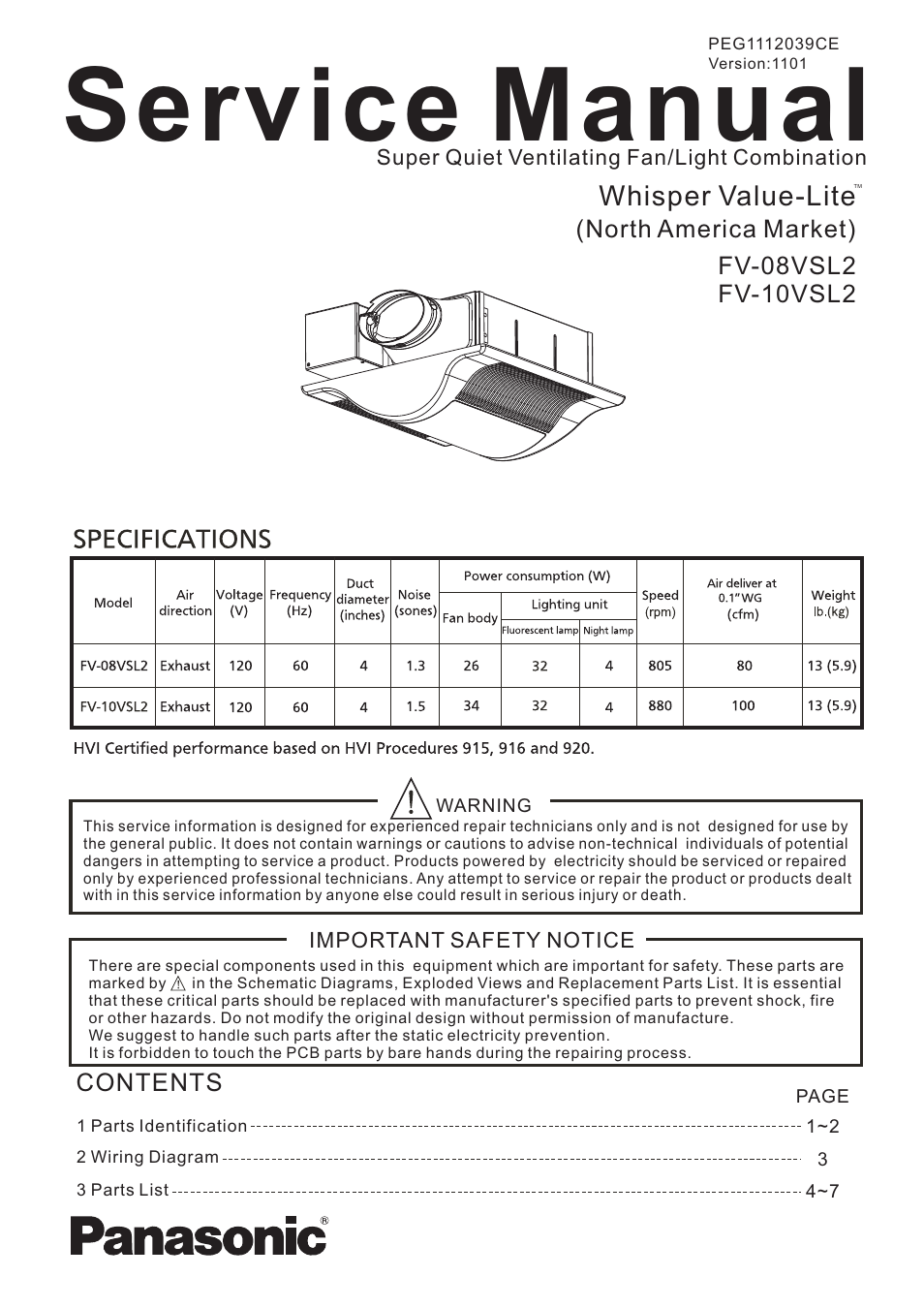 Panasonic FV-10VSL2 User Manual | 8 pages