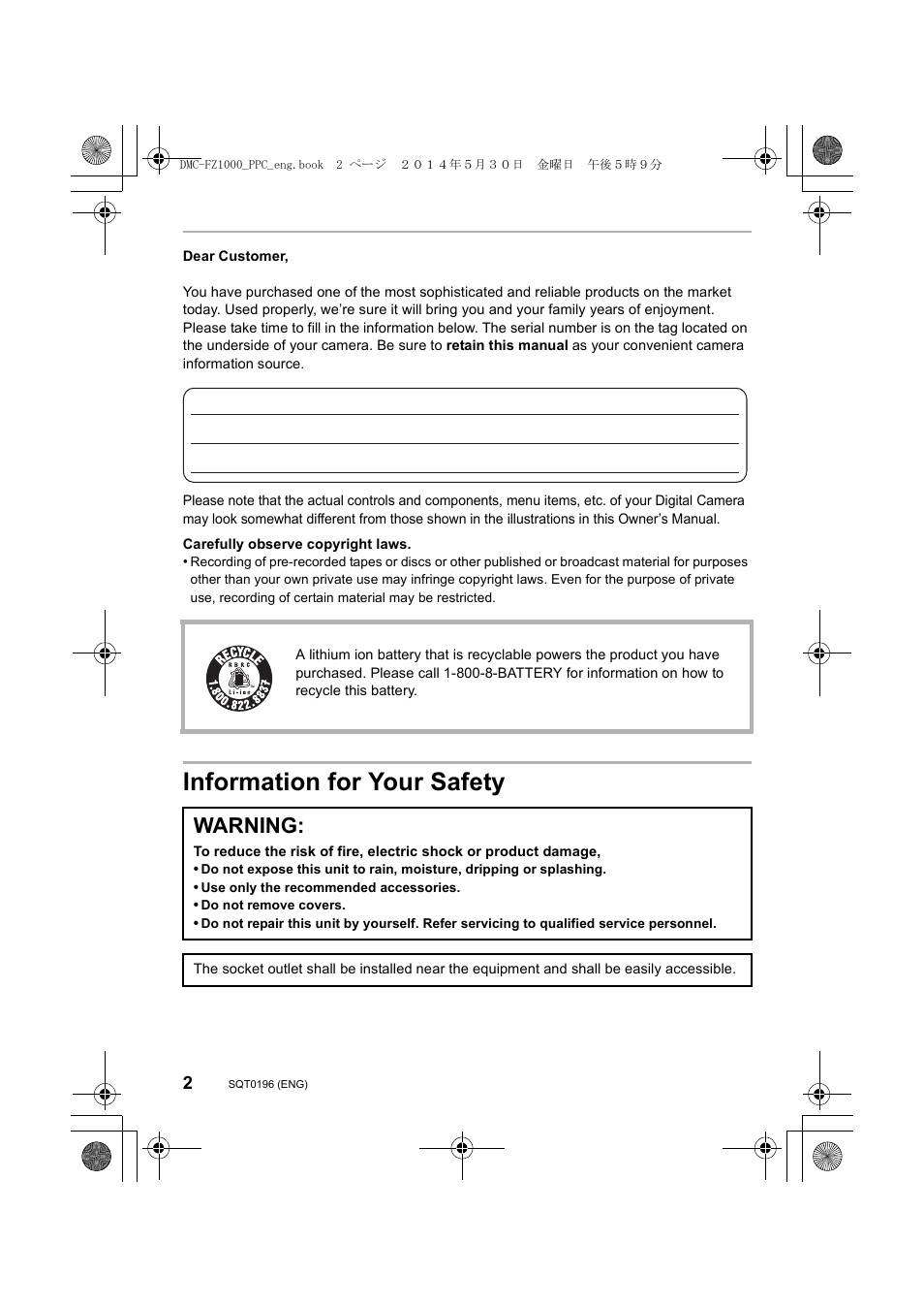 Information for your safety, Warning | Panasonic DMC-FZ1000 User Manual | Page 2 / 96