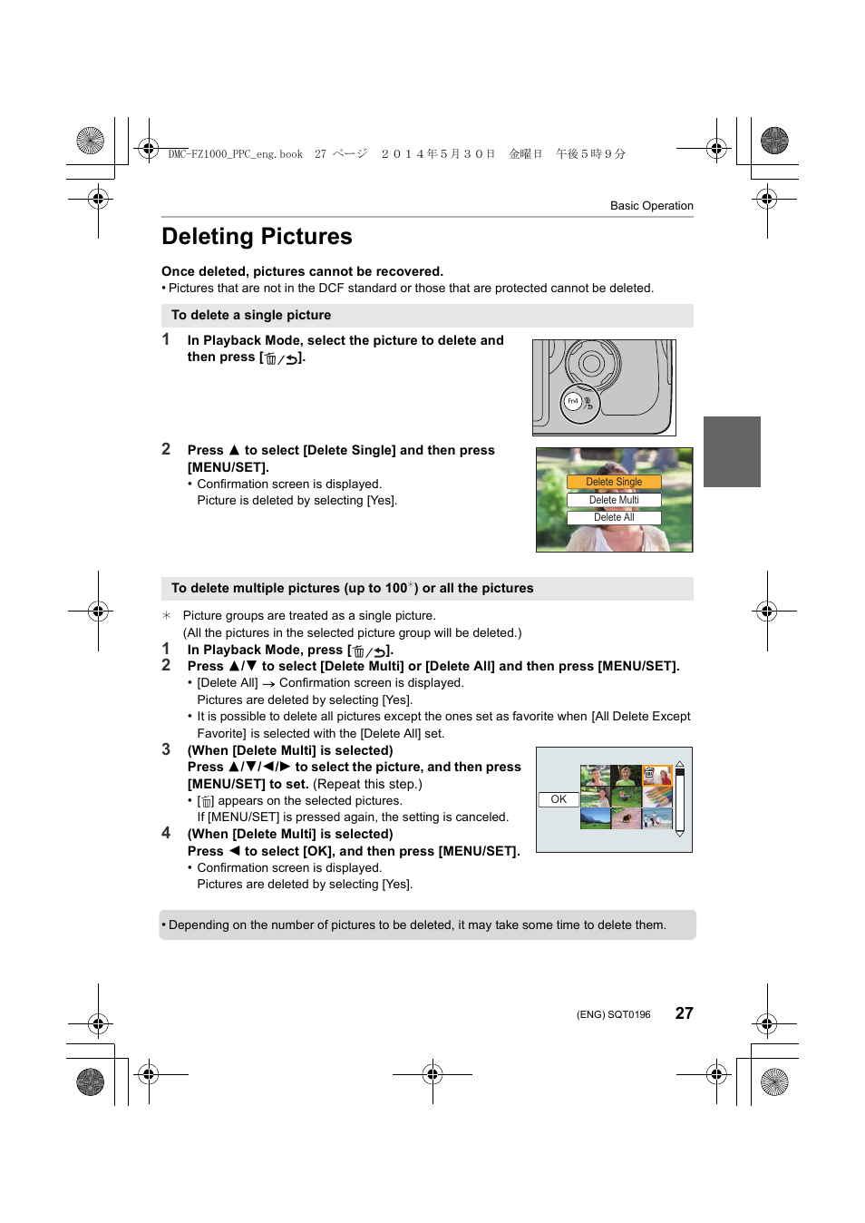 Deleting pictures | Panasonic DMC-FZ1000 User Manual | Page 27 / 96