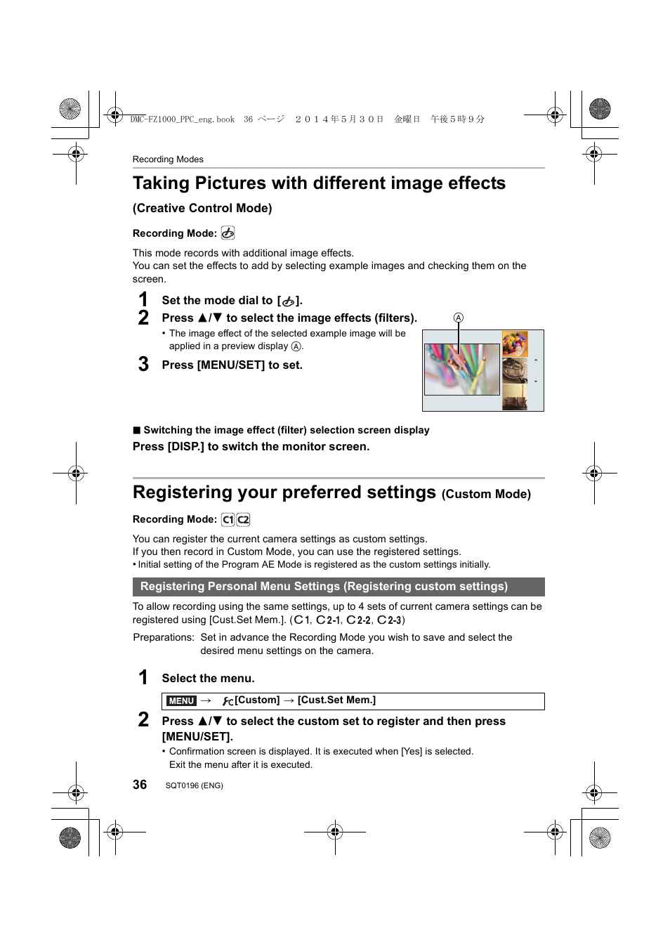 Registering your preferred settings (custom mode), Taking pictures with different image effects, Registering your preferred settings | Panasonic DMC-FZ1000 User Manual | Page 36 / 96