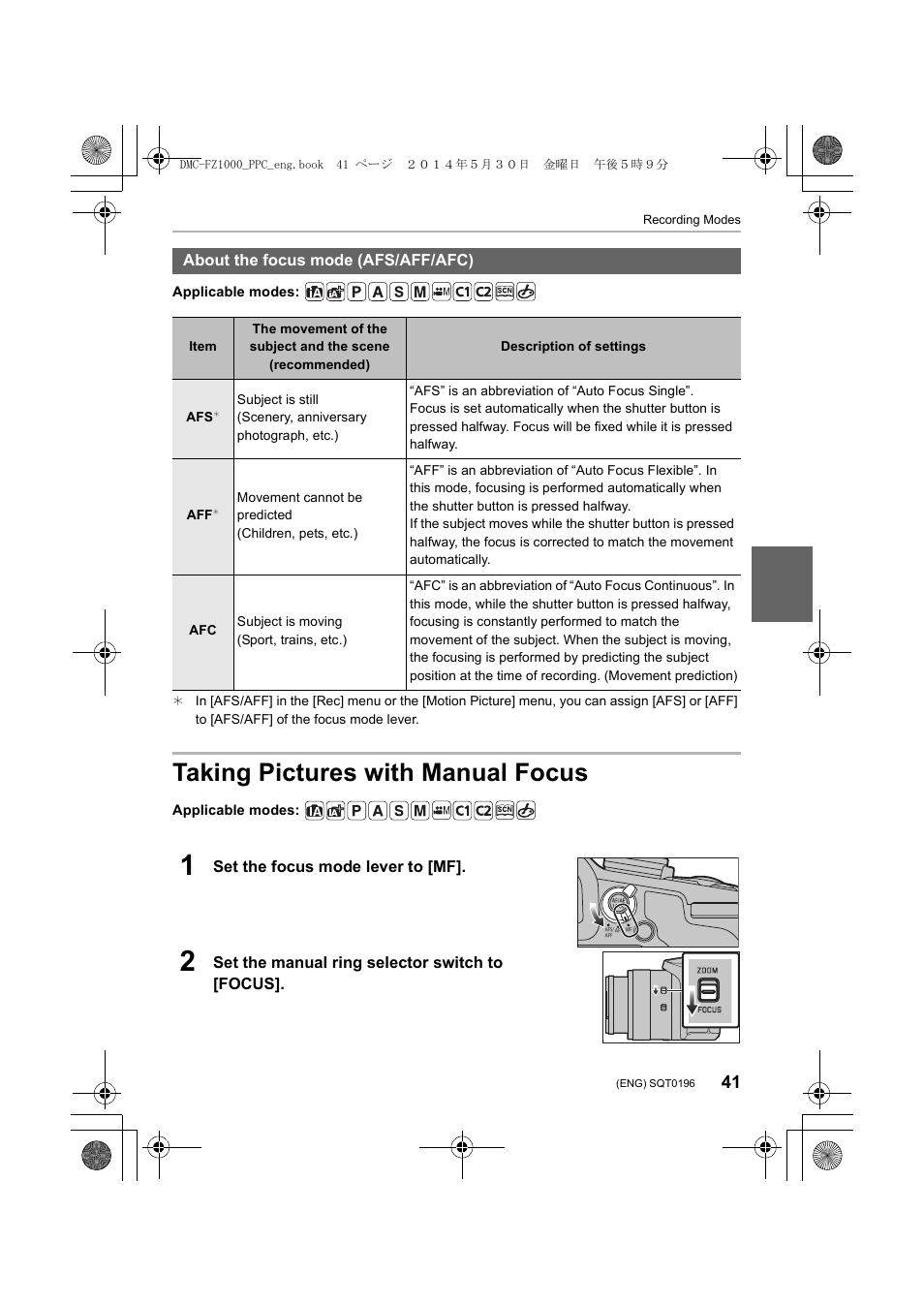 Taking pictures with manual focus | Panasonic DMC-FZ1000 User Manual | Page 41 / 96