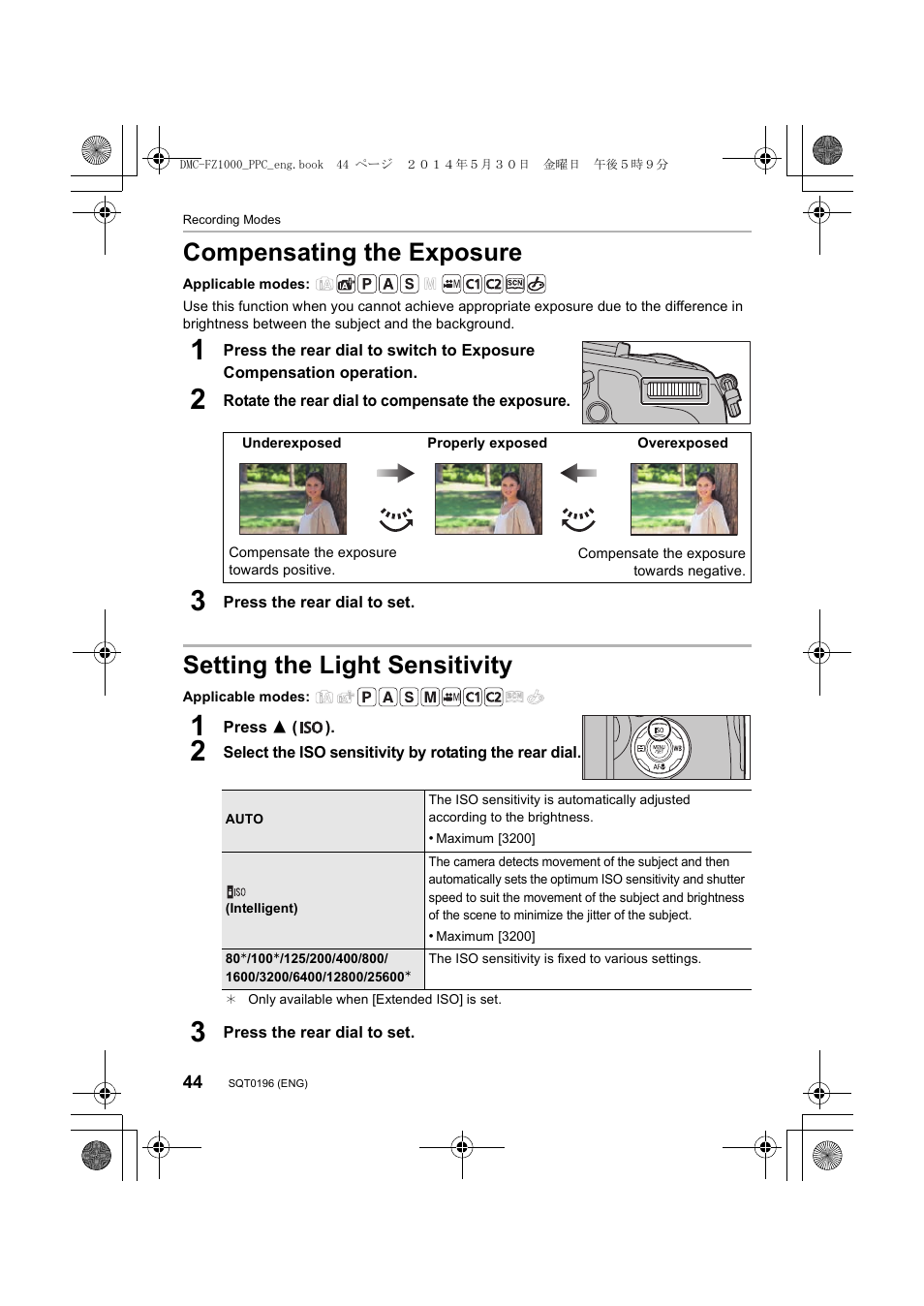 Compensating the exposure, Setting the light sensitivity | Panasonic DMC-FZ1000 User Manual | Page 44 / 96