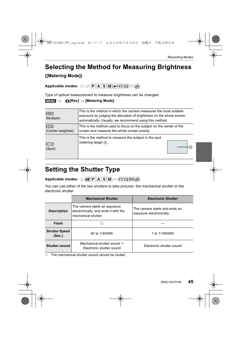 Setting the shutter type, Selecting the method for measuring brightness | Panasonic DMC-FZ1000 User Manual | Page 45 / 96