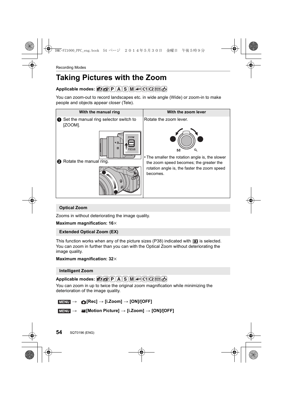 Taking pictures with the zoom | Panasonic DMC-FZ1000 User Manual | Page 54 / 96