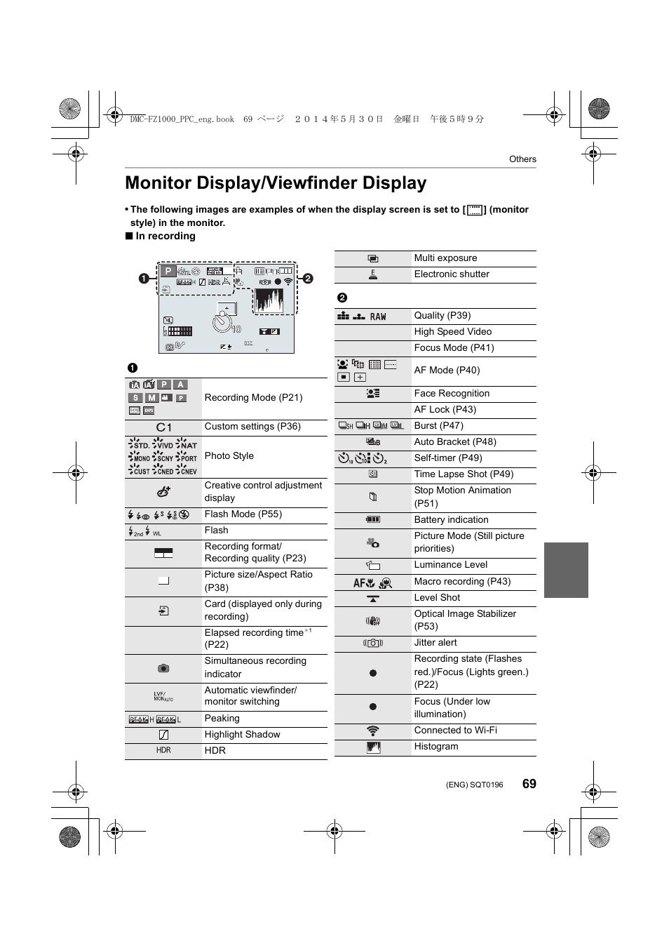 Monitor display/viewfinder display, 8m30s | Panasonic DMC-FZ1000 User Manual | Page 69 / 96