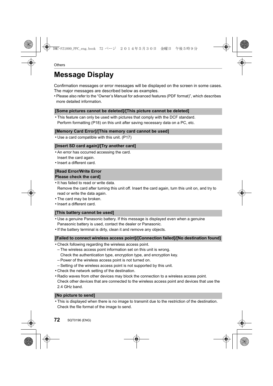 Message display | Panasonic DMC-FZ1000 User Manual | Page 72 / 96