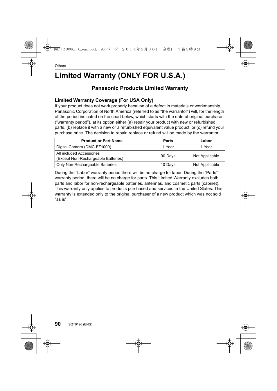 Limited warranty (only for u.s.a.), Panasonic products limited warranty | Panasonic DMC-FZ1000 User Manual | Page 90 / 96