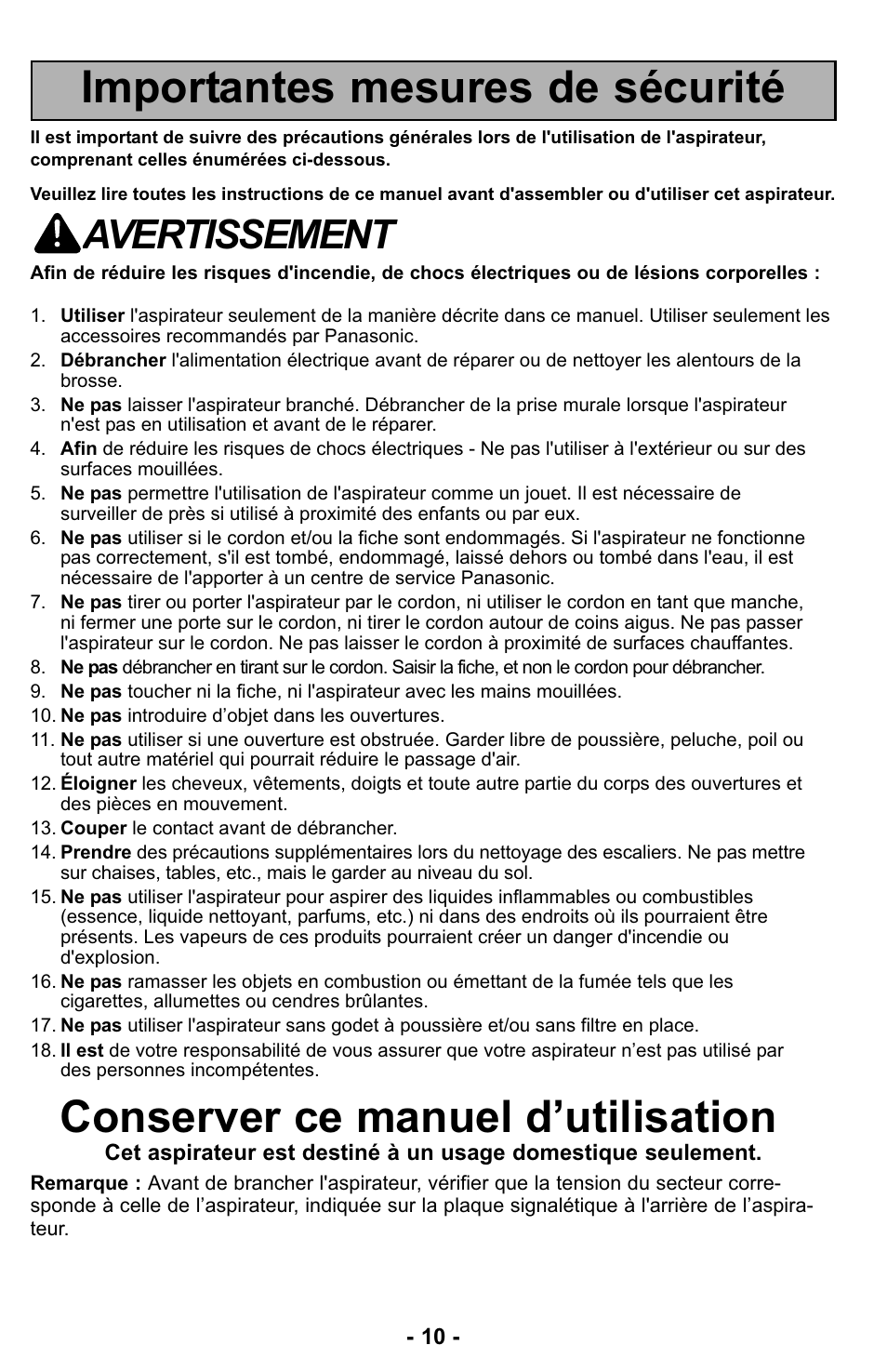 Importantes mesures de sécurité, Conserver ce manuel d’utilisation, Avertissement | Panasonic MC-UL423 User Manual | Page 10 / 68