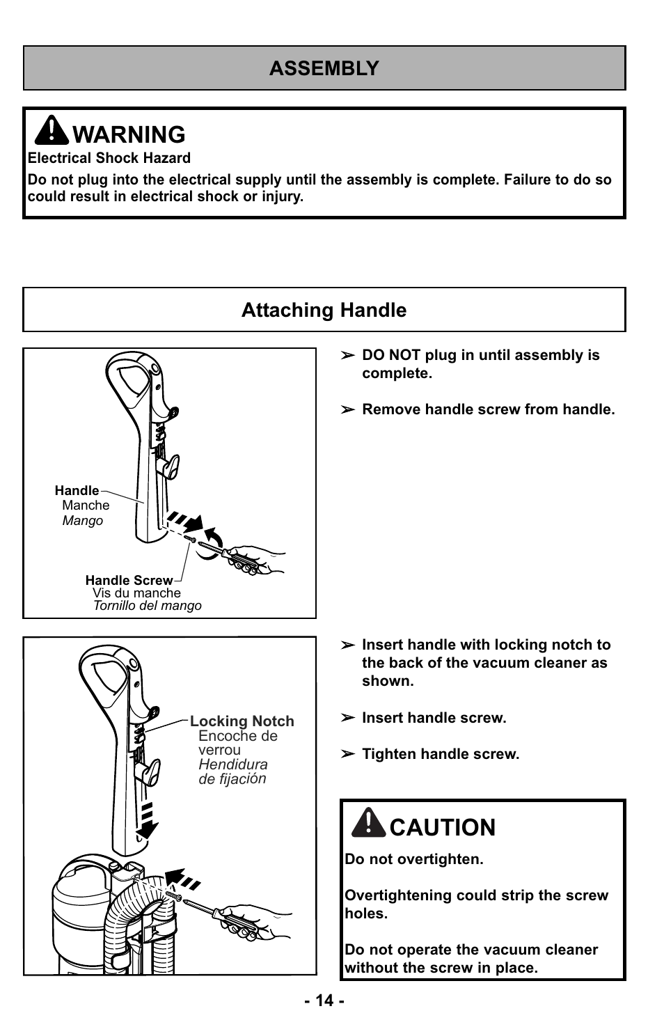 Assembly, Attaching handle, Warning | Caution | Panasonic MC-UL423 User Manual | Page 14 / 68