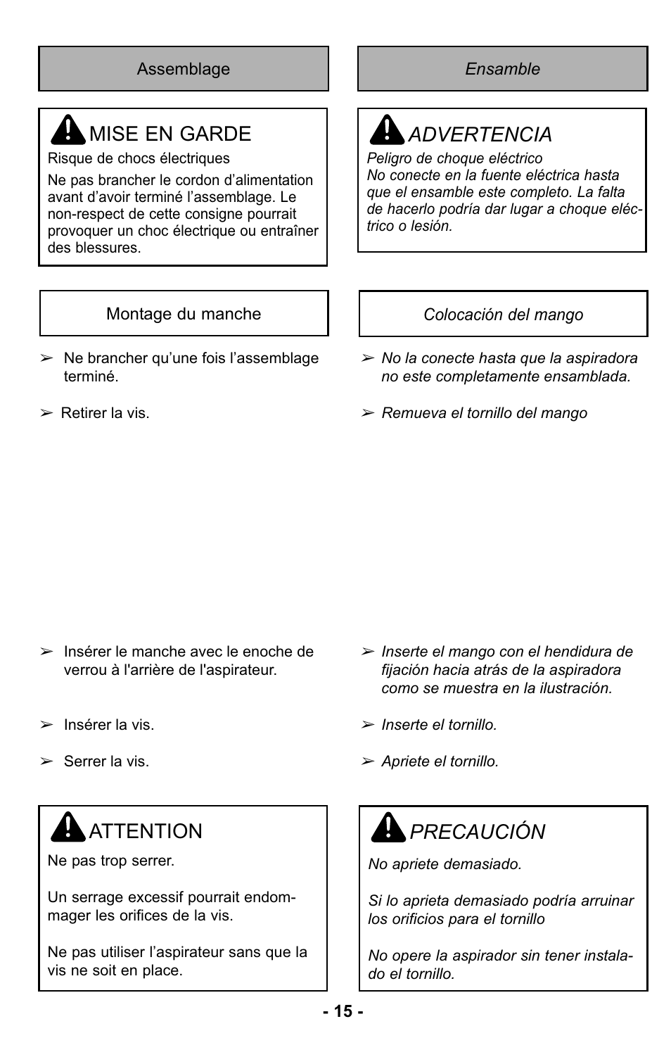 Ensamble, Ensamble del mango, Mise en garde | Advertencia, Attention, Precaución | Panasonic MC-UL423 User Manual | Page 15 / 68