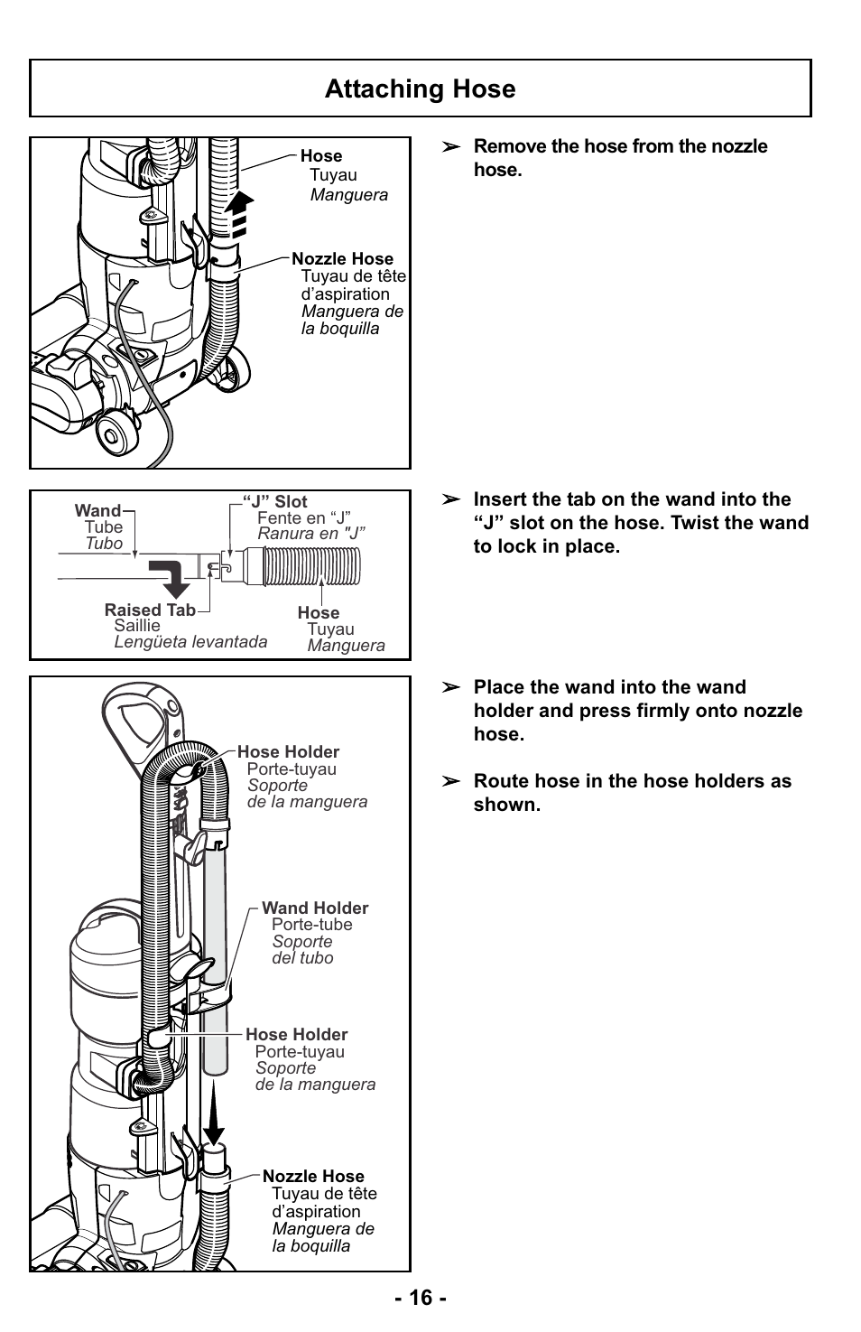 Attaching hose | Panasonic MC-UL423 User Manual | Page 16 / 68