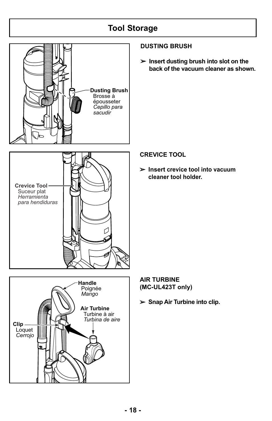 Tool storage | Panasonic MC-UL423 User Manual | Page 18 / 68