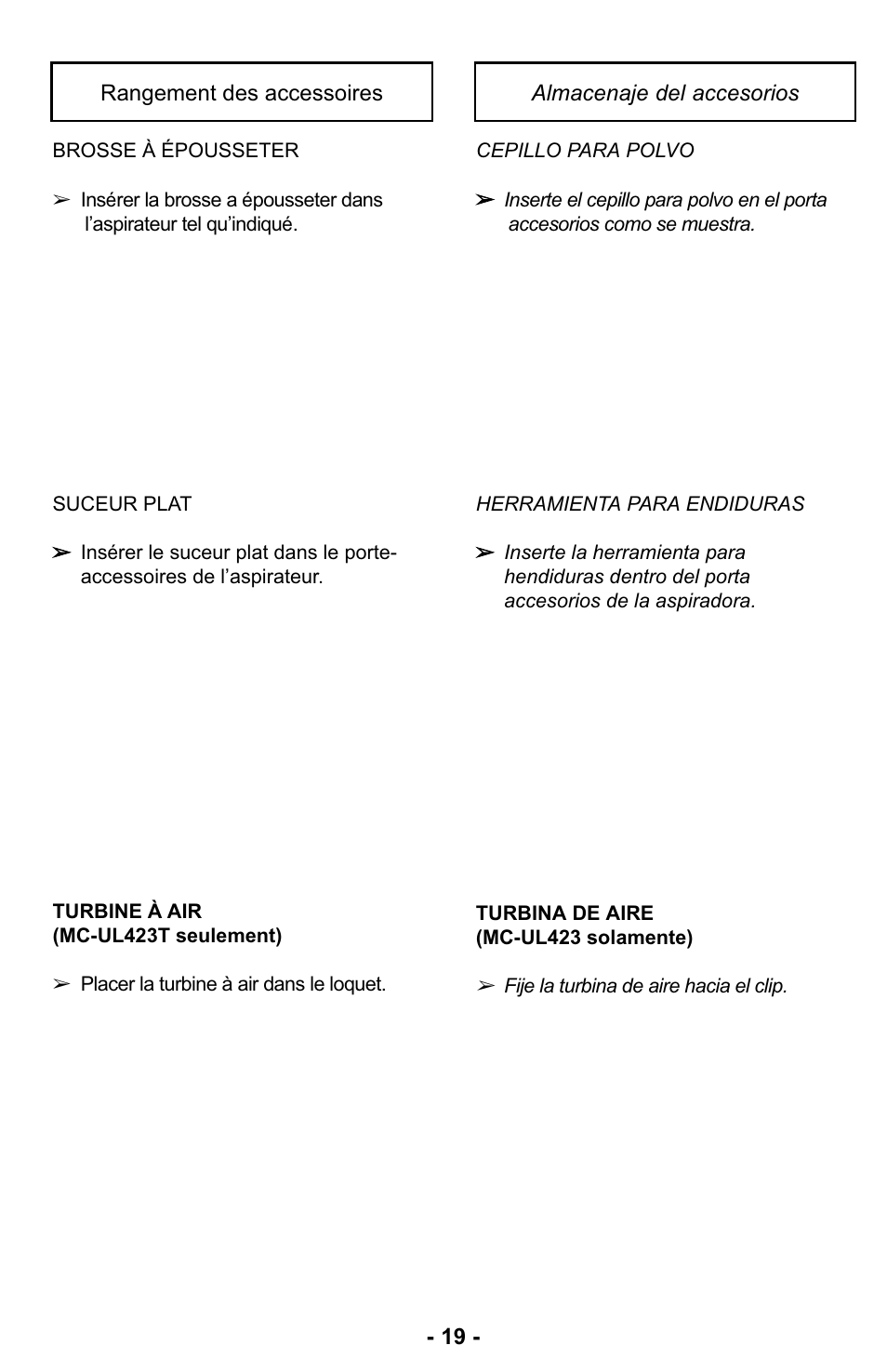 Almacenaje de accesorios | Panasonic MC-UL423 User Manual | Page 19 / 68