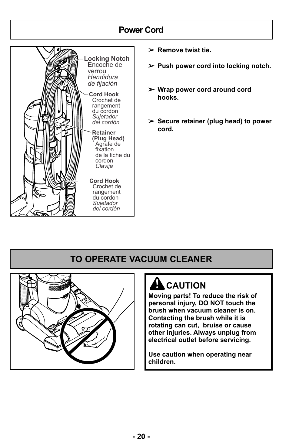 To operate vacuum cleaner, Power cord | Panasonic MC-UL423 User Manual | Page 20 / 68