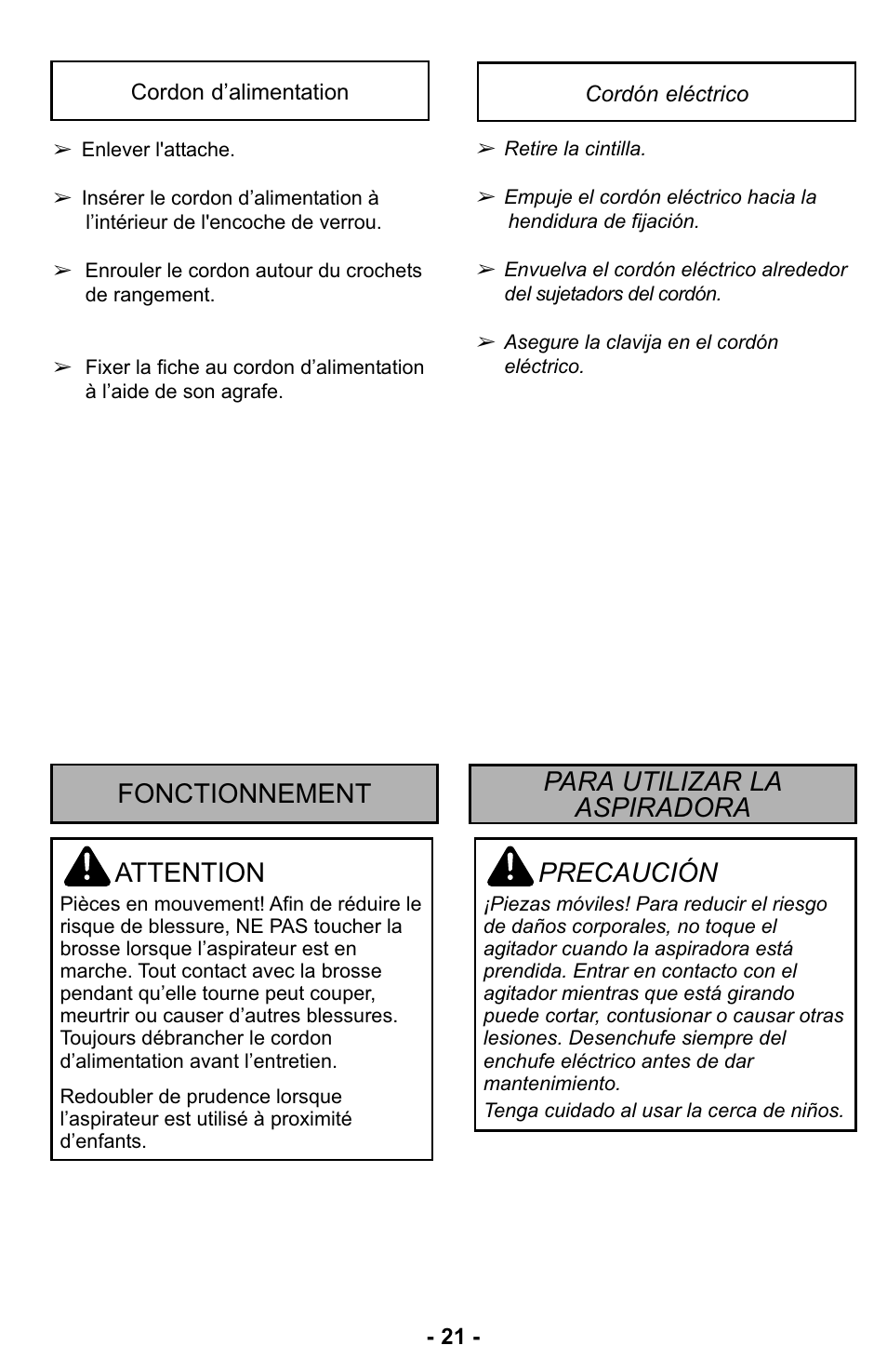 Cordón eléctrico, Para utilizar la aspiradora, Precaución | Attention, Fonctionnement para utilizar la aspiradora | Panasonic MC-UL423 User Manual | Page 21 / 68