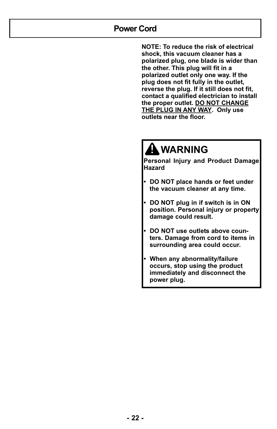 Warning, Power cord | Panasonic MC-UL423 User Manual | Page 22 / 68
