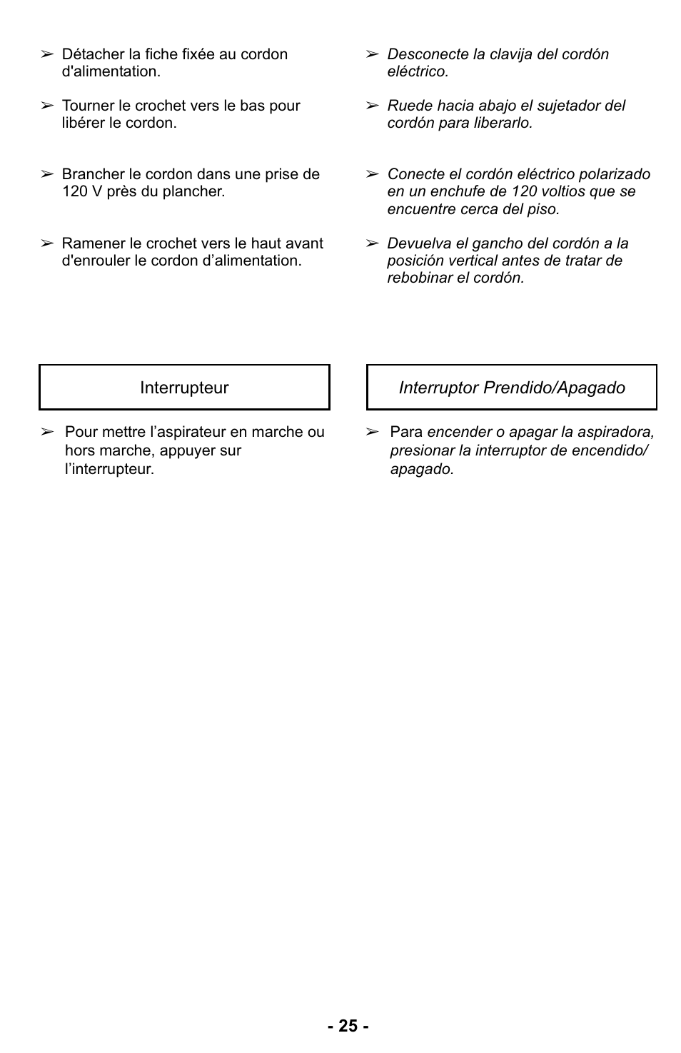 Interruptor prendido/apagado | Panasonic MC-UL423 User Manual | Page 25 / 68