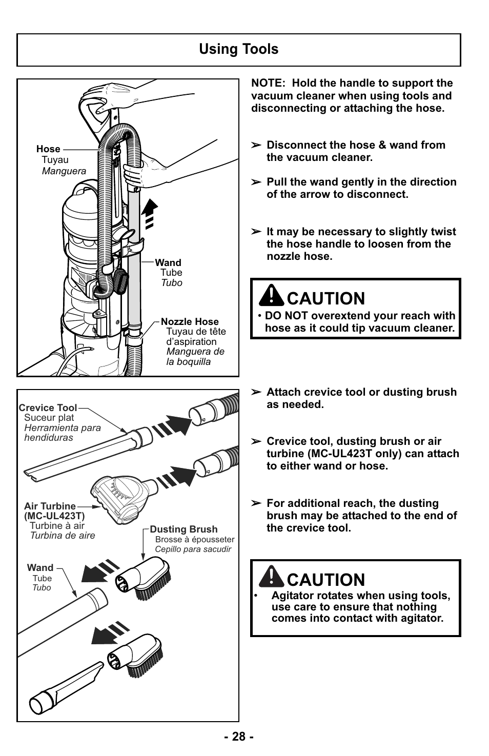 Adjusting the handle, Using tools, Caution | Panasonic MC-UL423 User Manual | Page 28 / 68