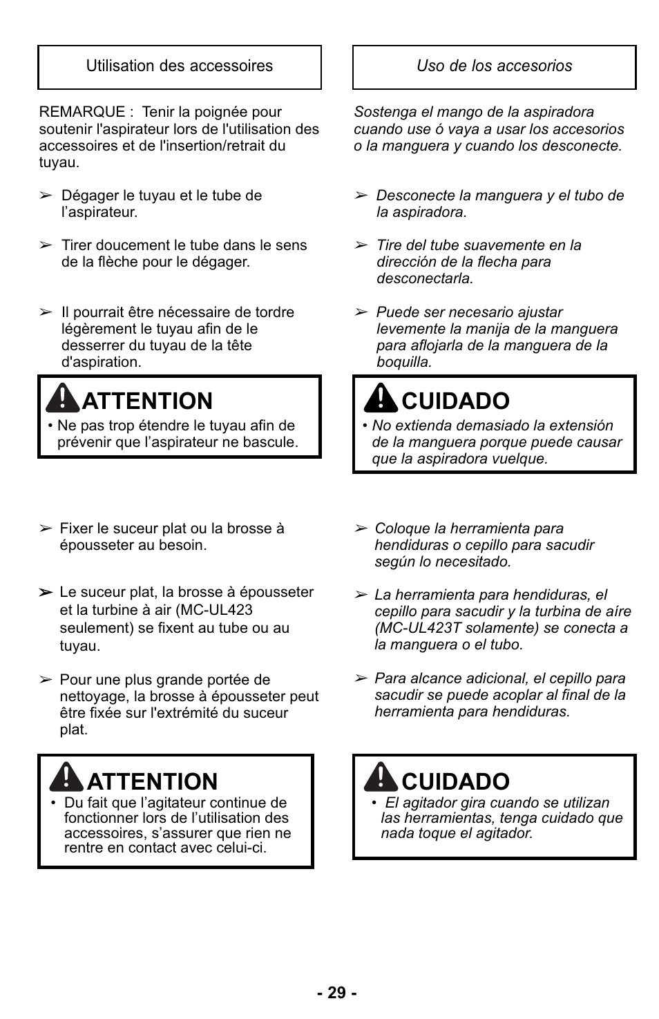 Accesorios, Attention, Cuidado | Panasonic MC-UL423 User Manual | Page 29 / 68