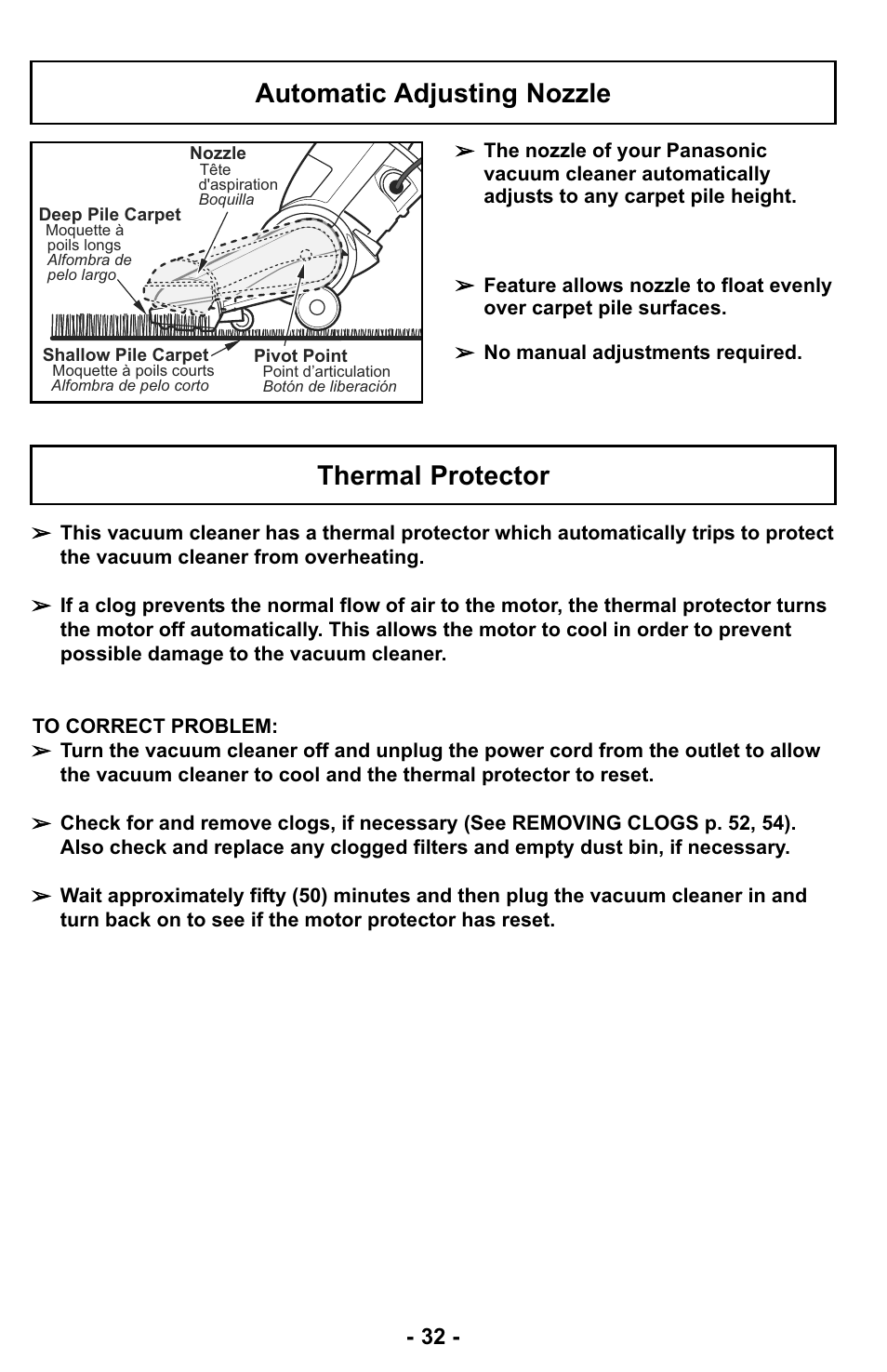 Automatic adjusting nozzle, Thermal protector | Panasonic MC-UL423 User Manual | Page 32 / 68