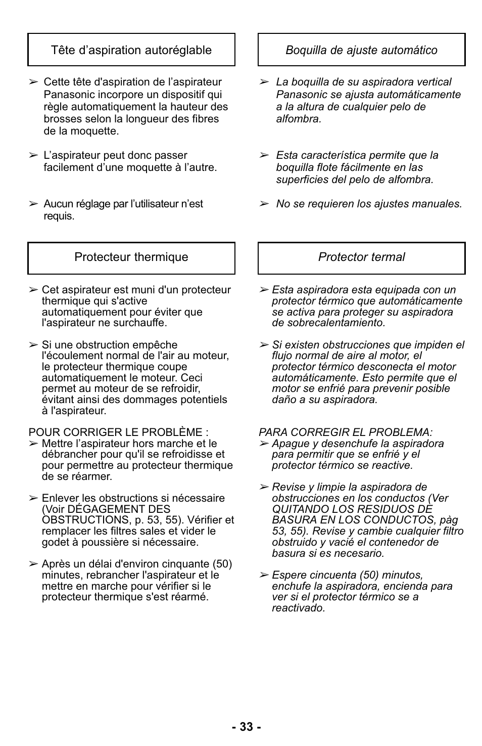 Boquilla de ajuste automático, Protector termal | Panasonic MC-UL423 User Manual | Page 33 / 68