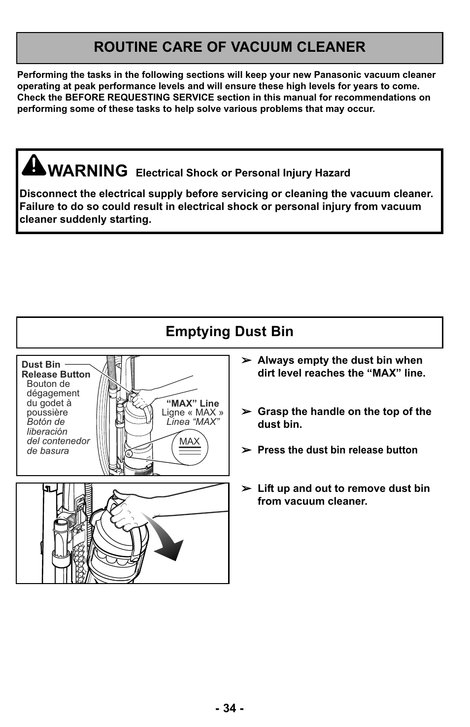 Routine care of vacuum cleaner, Emptying dust bin, Warning | Panasonic MC-UL423 User Manual | Page 34 / 68
