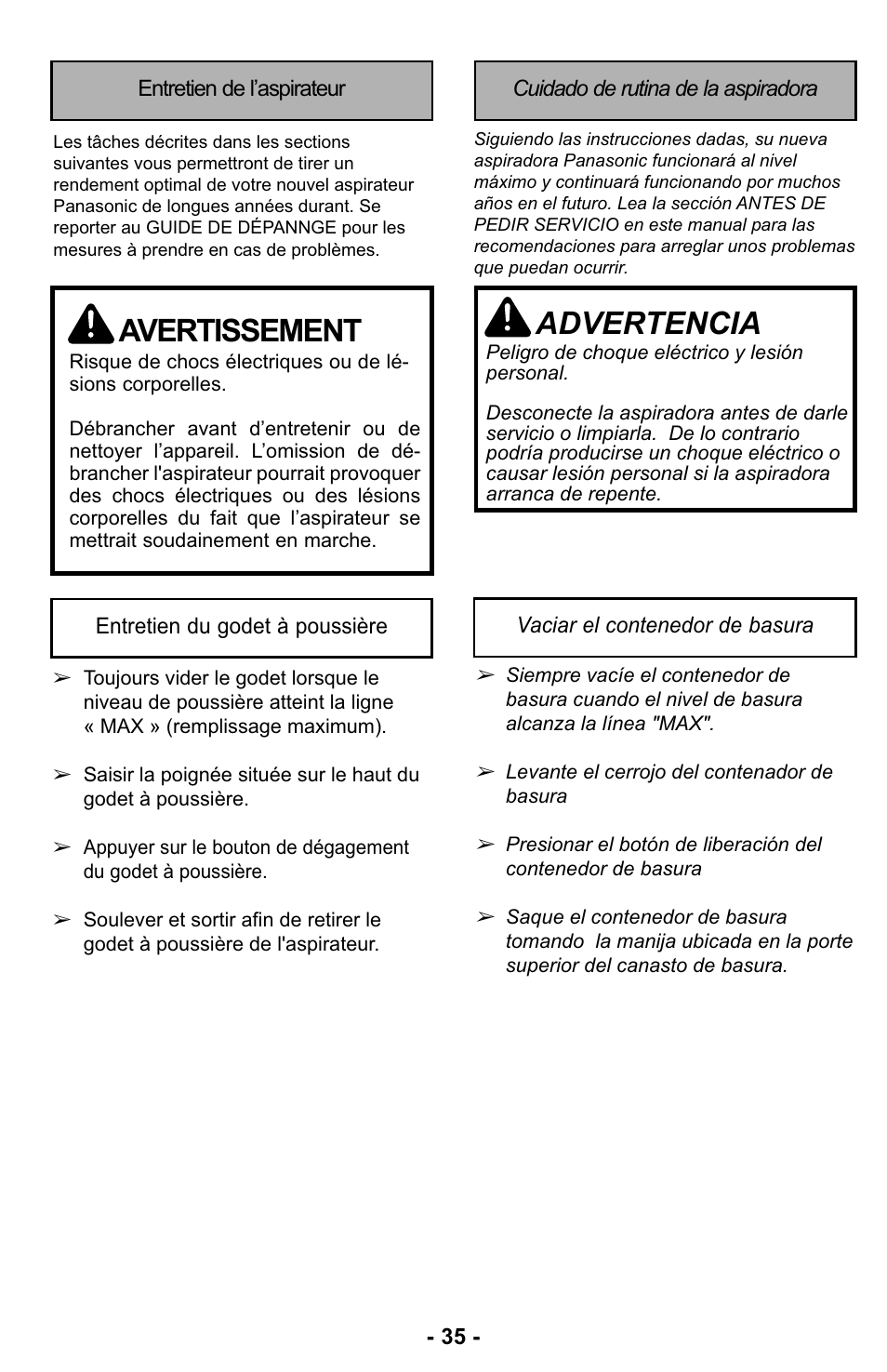Cuidado de rutina de la aspiradora, Avertissement, Advertencia | Panasonic MC-UL423 User Manual | Page 35 / 68