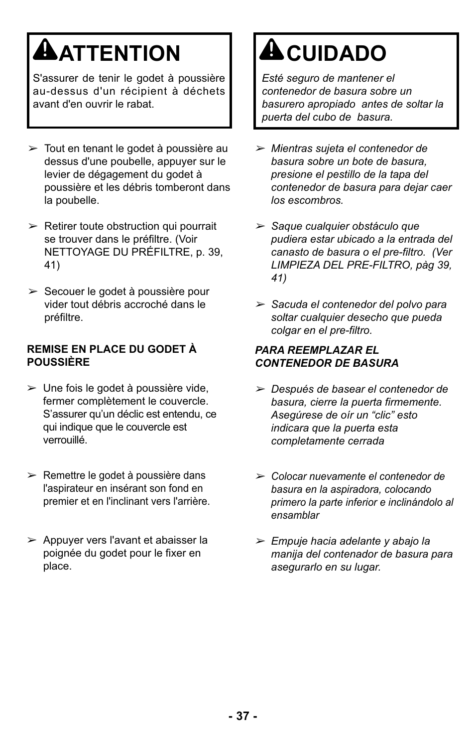 Vaciar el contenedor de basura, Attention, Cuidado | Panasonic MC-UL423 User Manual | Page 37 / 68