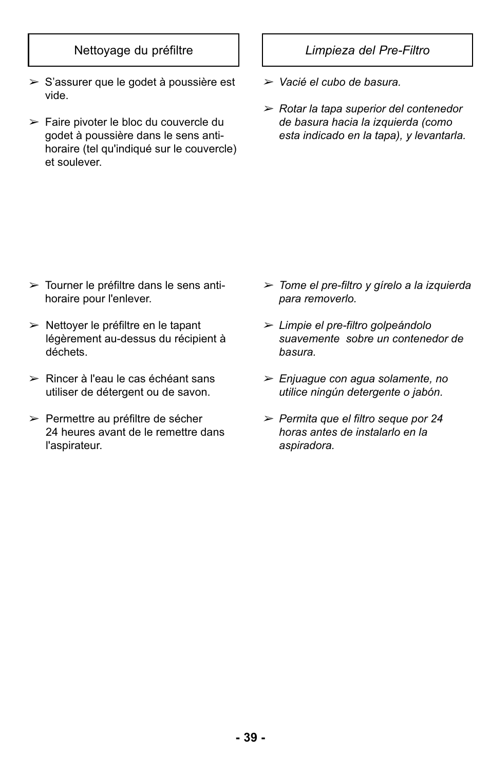 Limpieza del pre-filtro | Panasonic MC-UL423 User Manual | Page 39 / 68