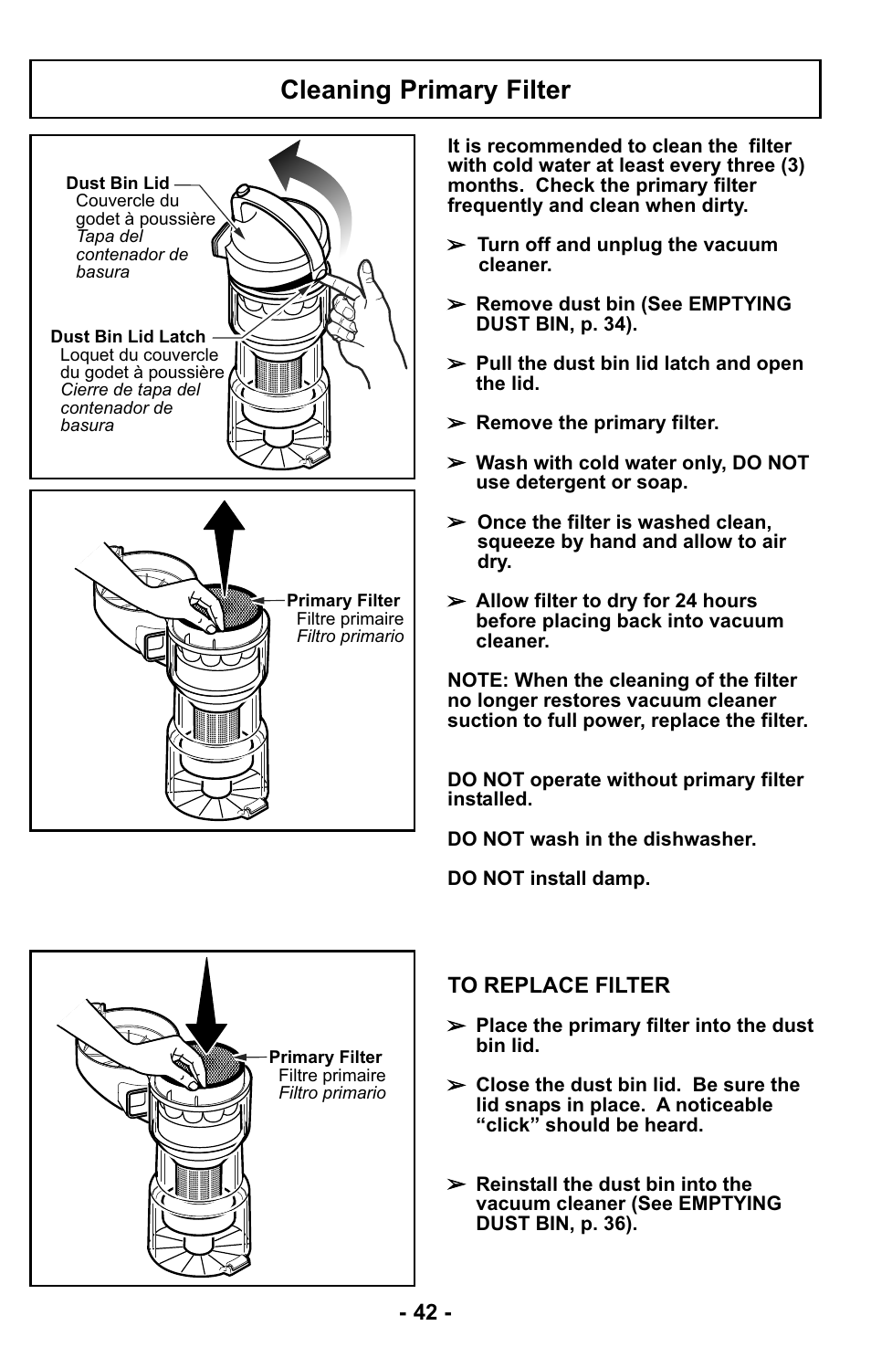 Cleaning primary filter | Panasonic MC-UL423 User Manual | Page 42 / 68