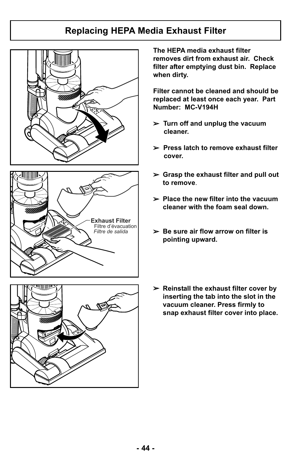 Replacing hepa media exhaust filter | Panasonic MC-UL423 User Manual | Page 44 / 68