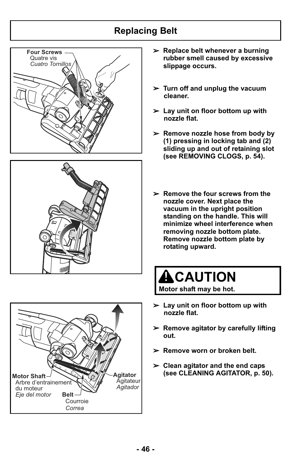 Replacing belt, Caution | Panasonic MC-UL423 User Manual | Page 46 / 68