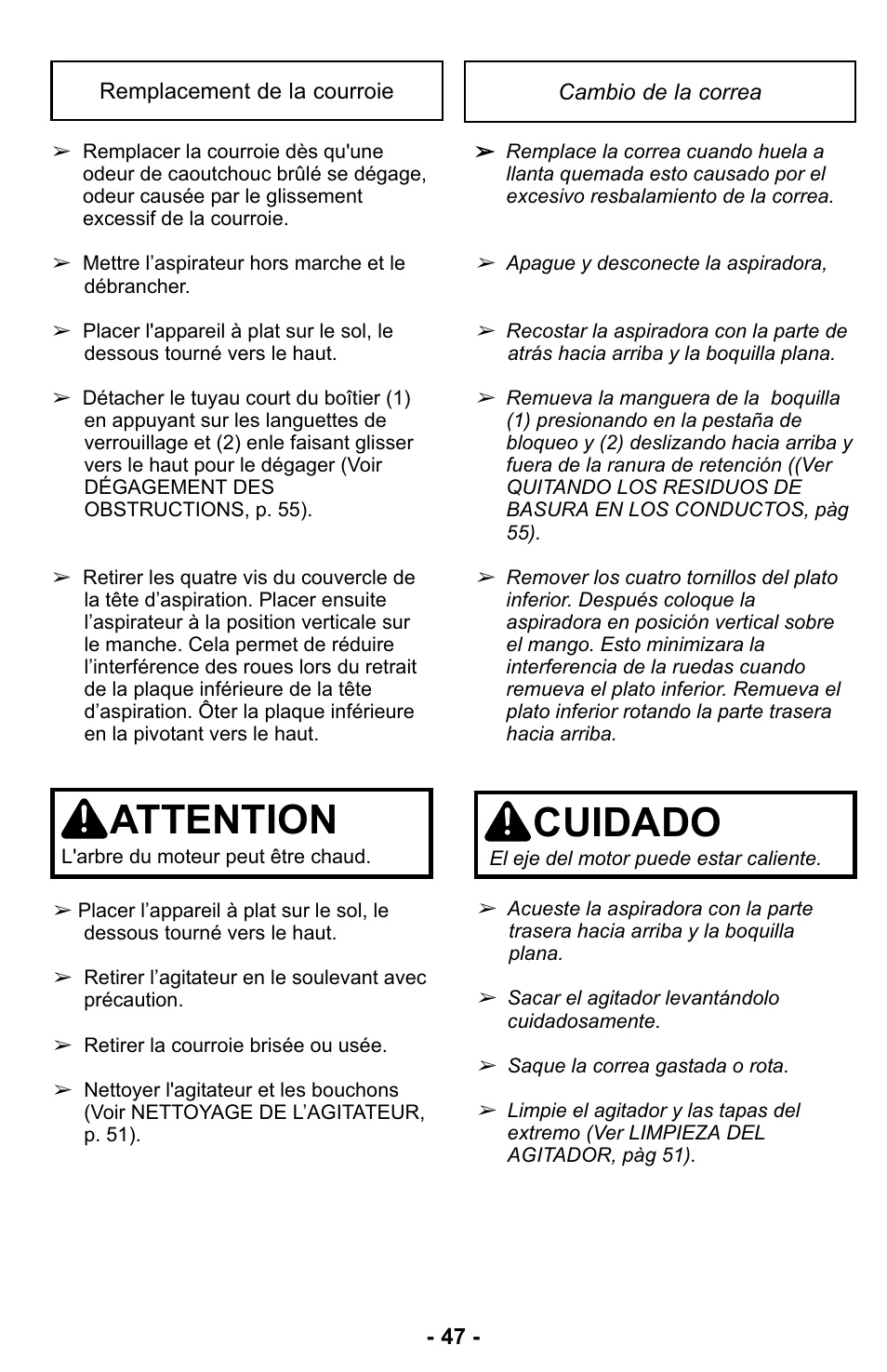 Remplazo de la correa, Attention, Cuidado | Panasonic MC-UL423 User Manual | Page 47 / 68