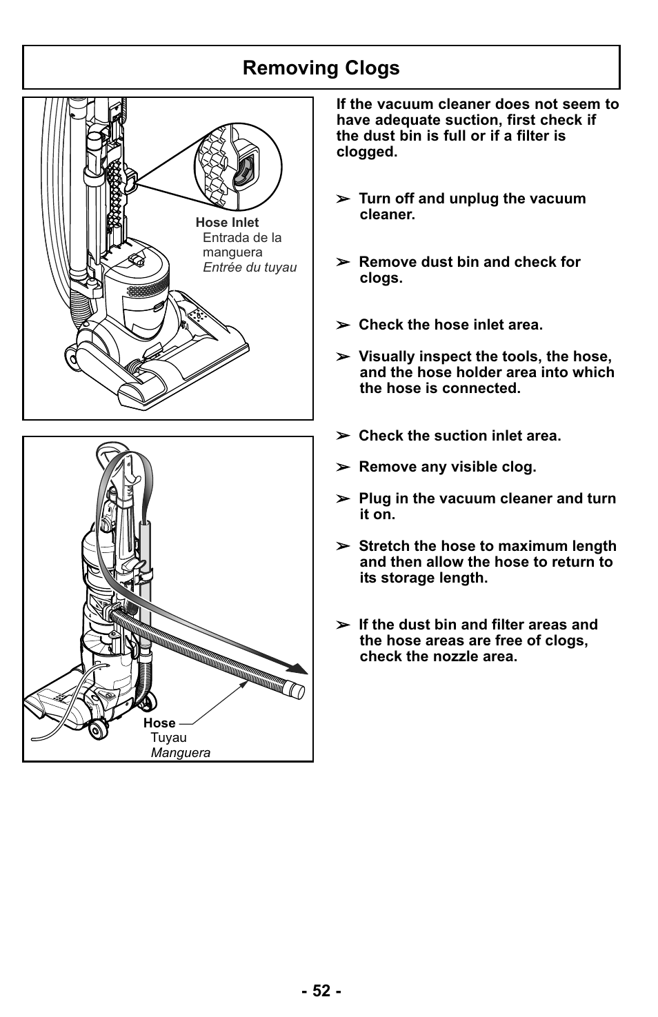 Removing clogs | Panasonic MC-UL423 User Manual | Page 52 / 68