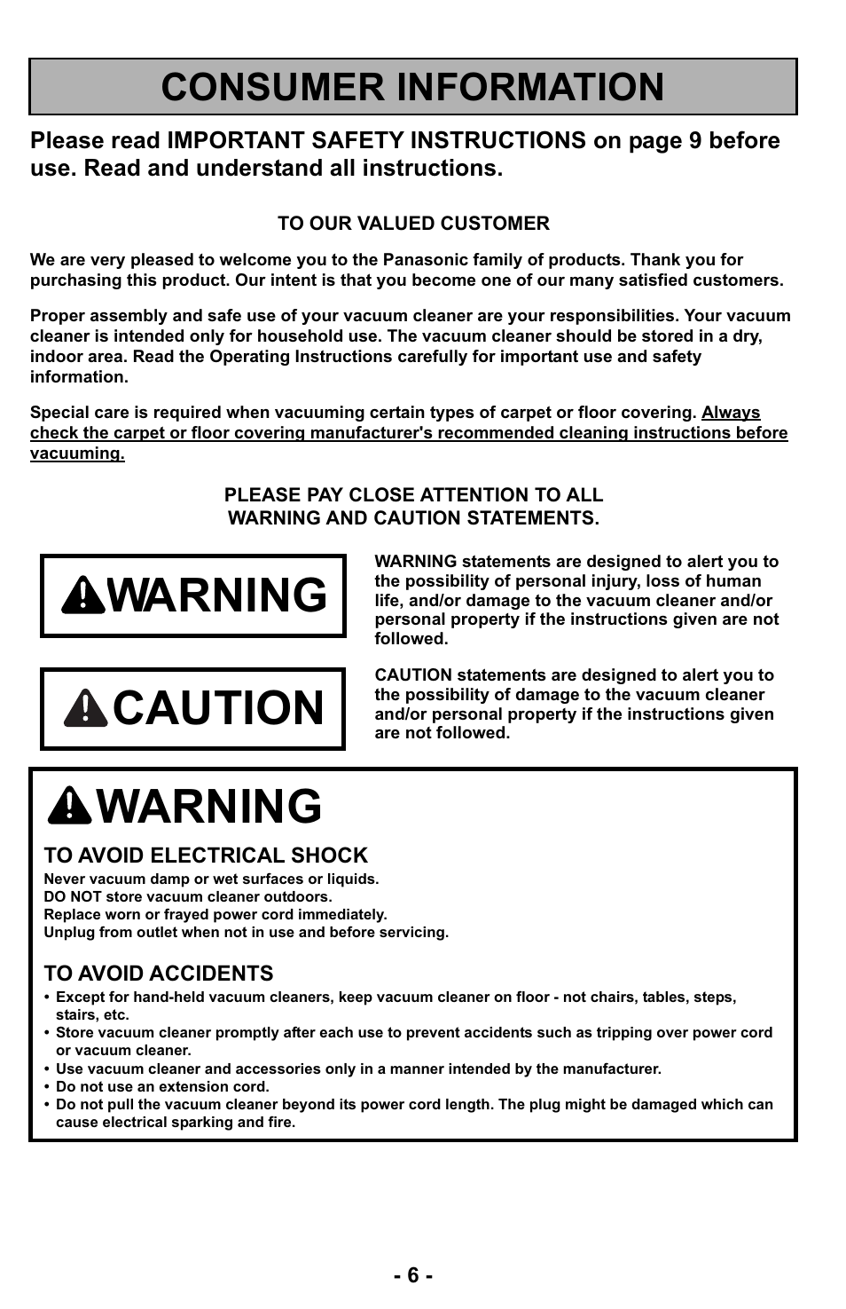Consumer information, Warning, Caution | Panasonic MC-UL423 User Manual | Page 6 / 68