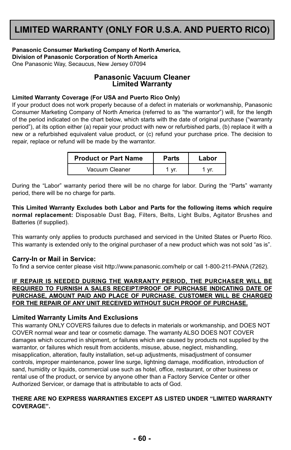 Warranty, Limited warranty (only for u.s.a. and puerto rico) | Panasonic MC-UL423 User Manual | Page 60 / 68