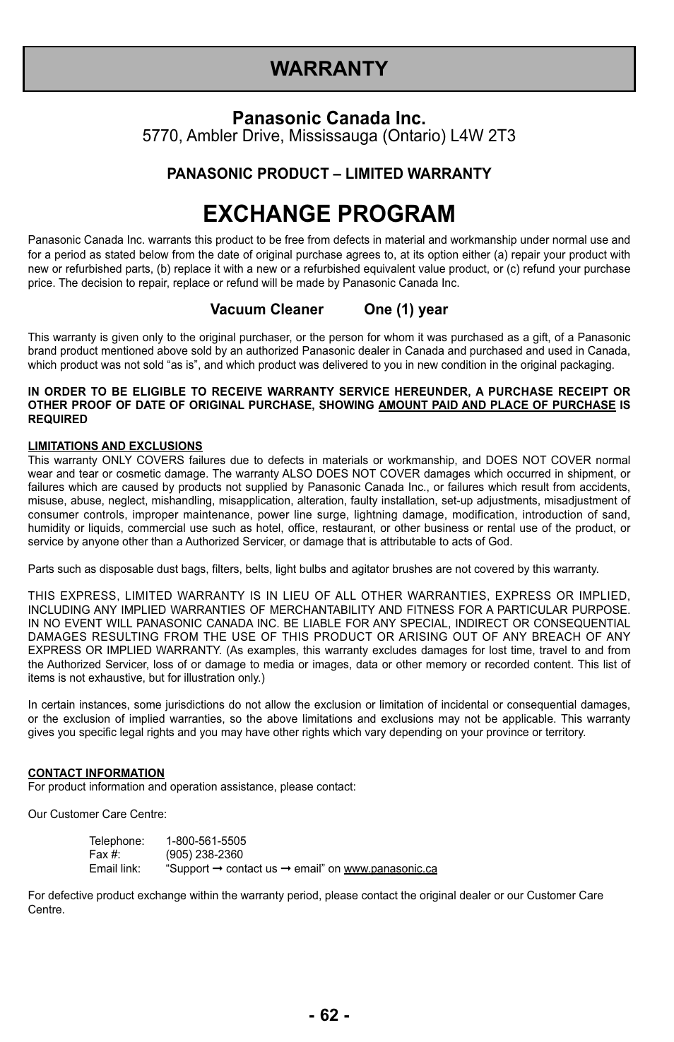 Exchange program, Warranty, Panasonic canada inc | Panasonic MC-UL423 User Manual | Page 62 / 68