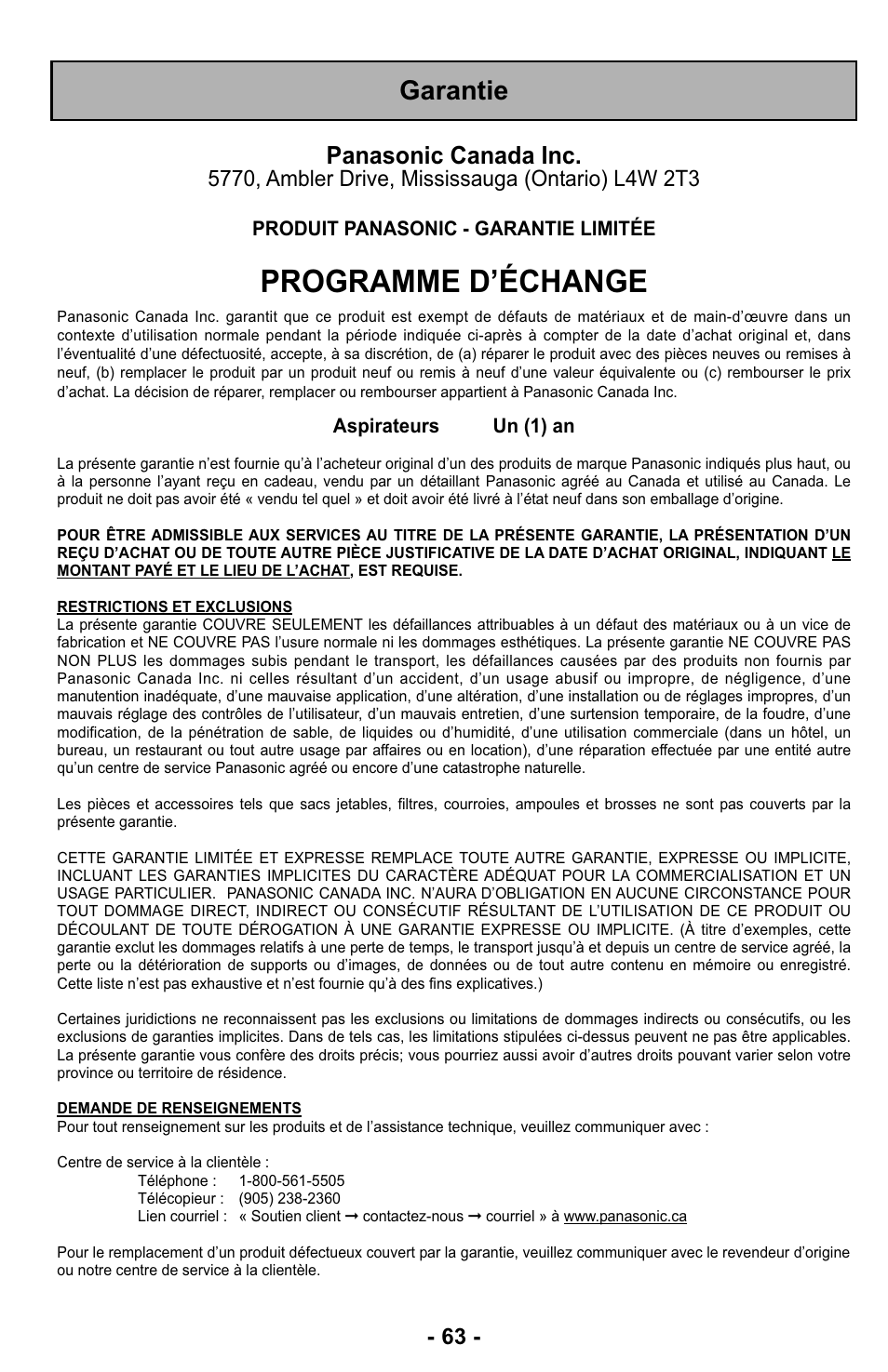 Programme d’échange, Garantie, Panasonic canada inc | Panasonic MC-UL423 User Manual | Page 63 / 68