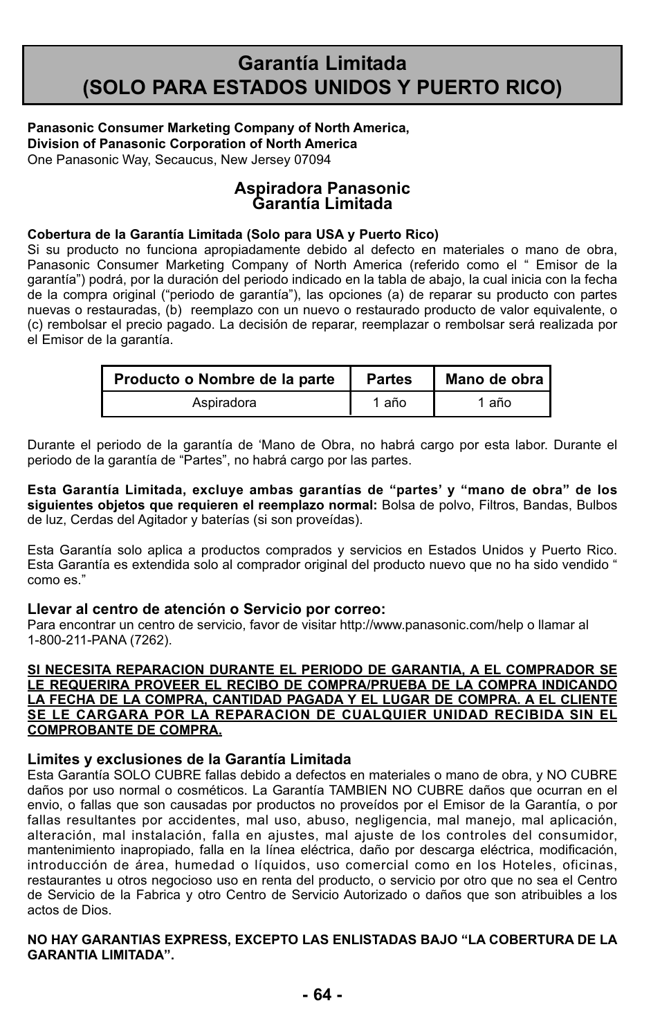 Garantía | Panasonic MC-UL423 User Manual | Page 64 / 68