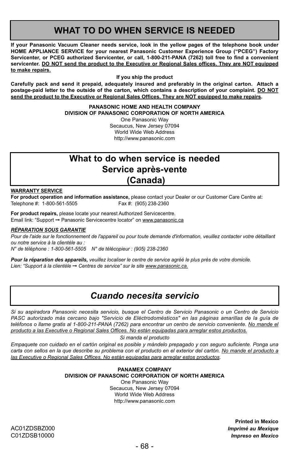 What to do when service is needed, Cuando necesita servicio | Panasonic MC-UL423 User Manual | Page 68 / 68