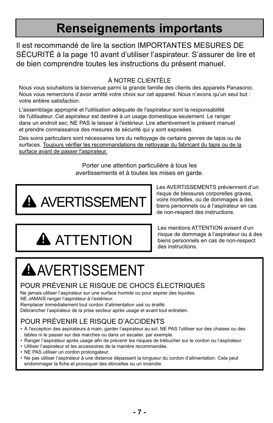 Avertissement, Attention, Renseignements importants | Panasonic MC-UL423 User Manual | Page 7 / 68