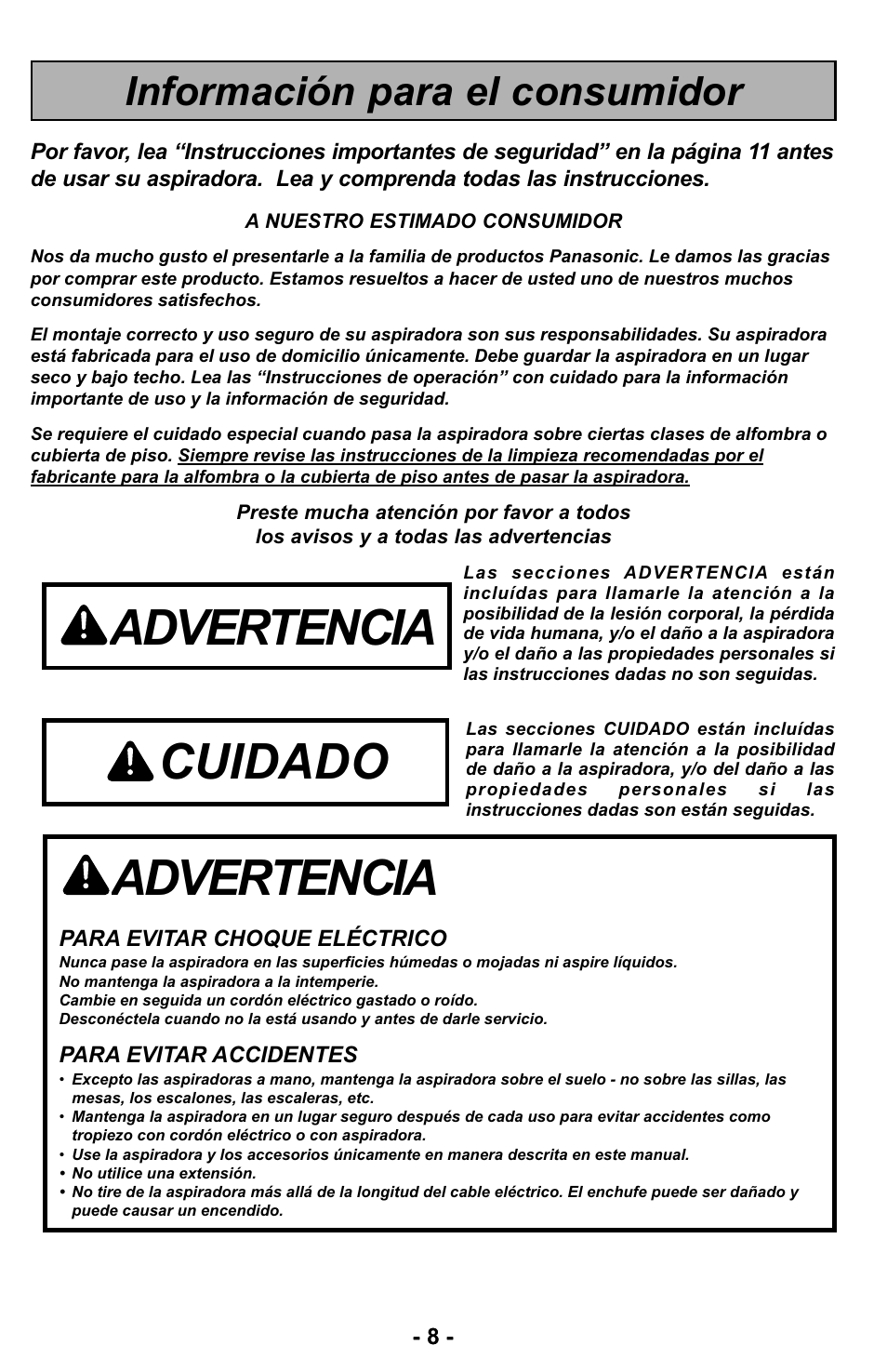 Información para el consumidor, Advertencia, Cuidado | Panasonic MC-UL423 User Manual | Page 8 / 68